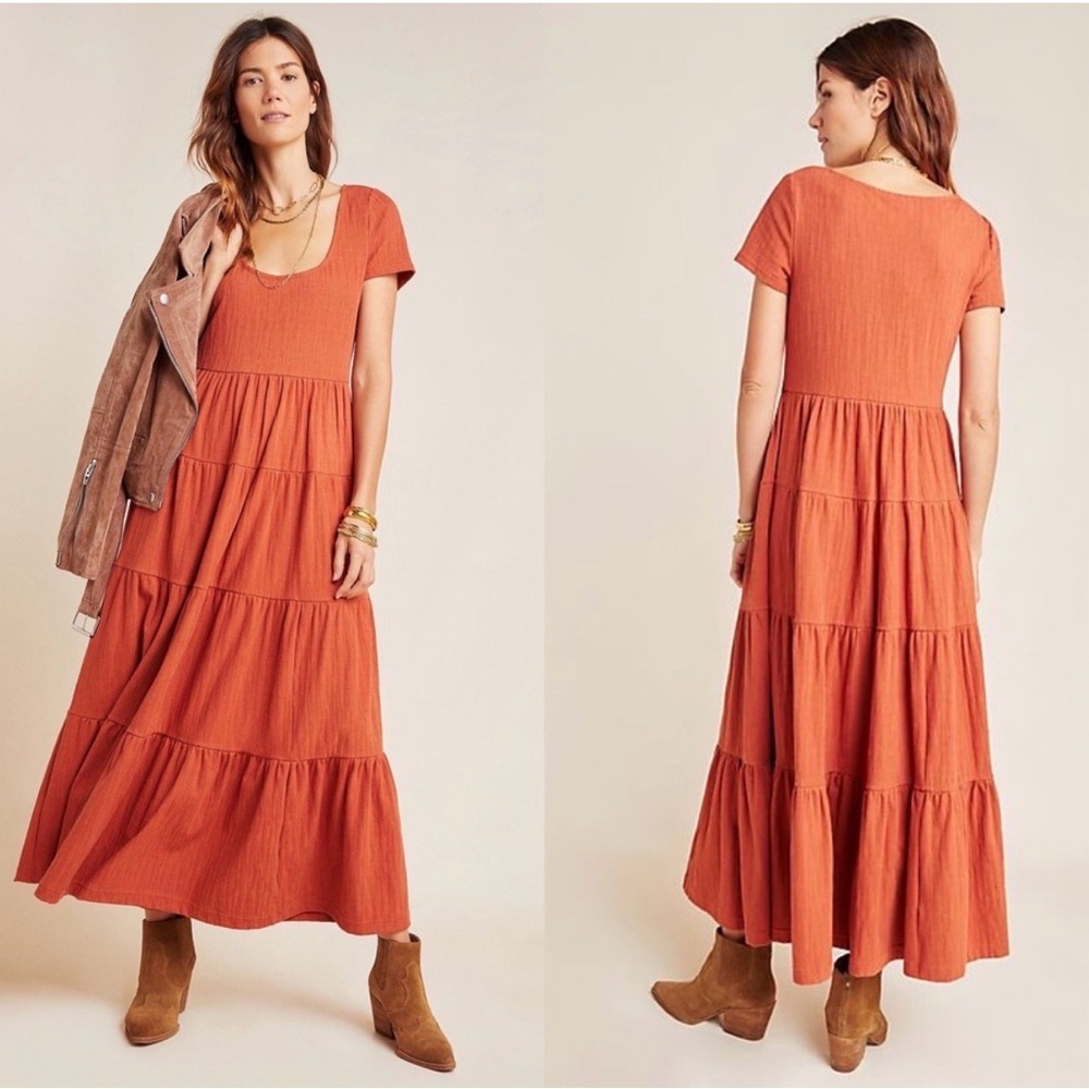 NWT Anthropologie Maeve Size XS Gillian Tiered Maxi Dress Burnt Rust Orange